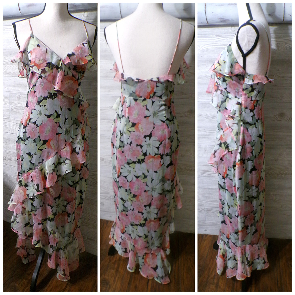 Y2k Zara Maxi Babydoll Dress M Black Pink Floral Ruffle Hi Low Fairy Whimsigoth